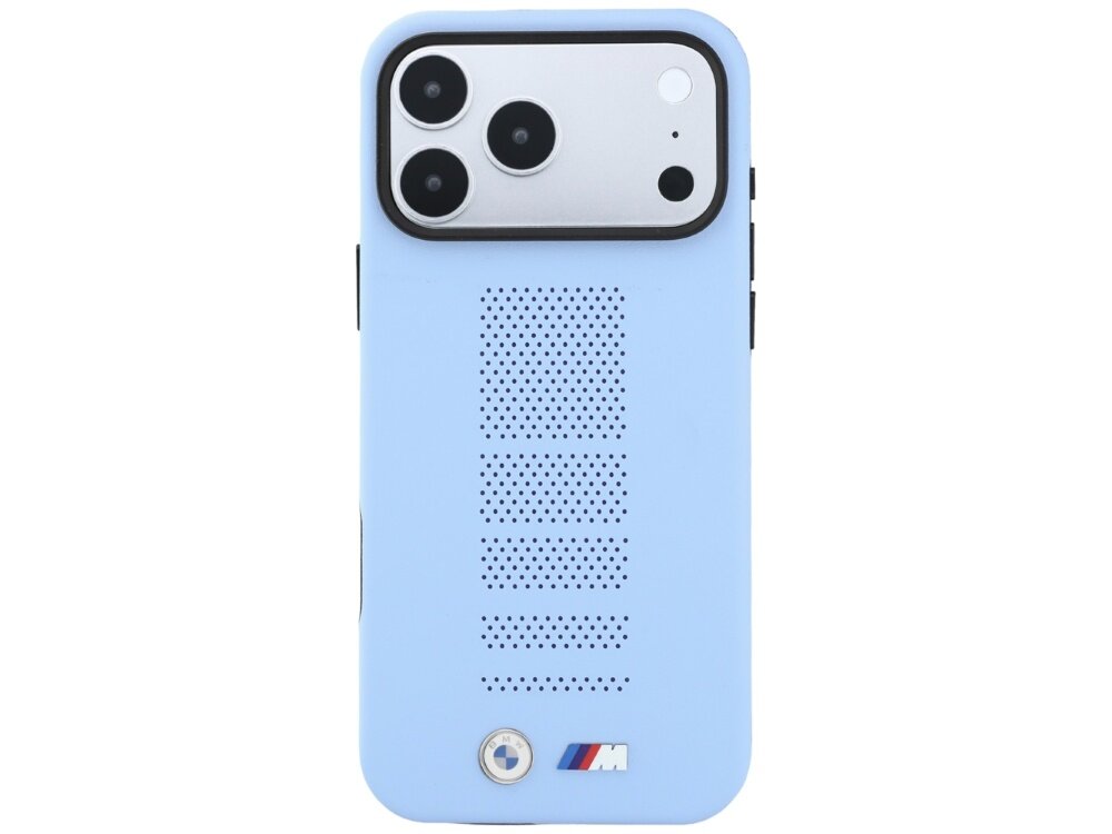 Niebieskie etui na telefon z trzema dużymi otworami na aparat oraz perforowanym wzorem na środku. Na dole widoczne jest logo BMW M.