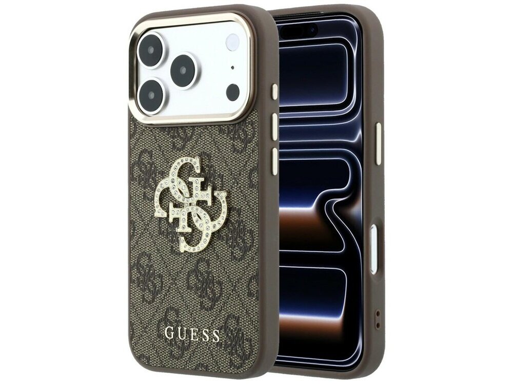 Brązowe etui na telefon z wzorem 4G i dużym logo Guess z cyrkoniami. Widoczny napis \'GUESS\' na dole etui.