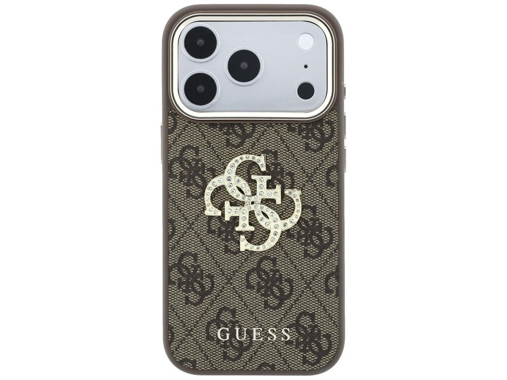 Etui na telefon z brązowym wzorem i dużym logo GUESS ozdobionym błyszczącymi elementami. Widoczny napis: GUESS.