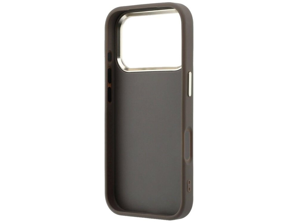 Brązowe etui na telefon z dużym otworem na aparat i przyciskami bocznymi. Wnętrze etui jest gładkie, a krawędzie są lekko podniesione.