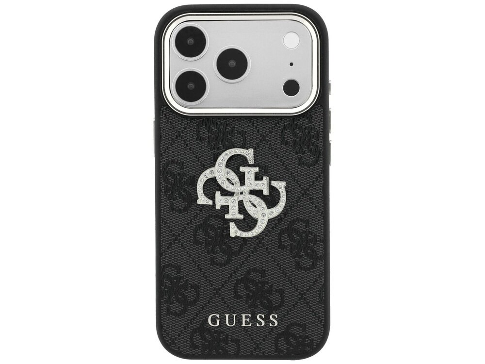 Czarne etui na telefon z wyraźnym logo GUESS oraz ozdobnym wzorem 4G i Big Strass. Etui posiada wycięcia na aparat i przyciski.