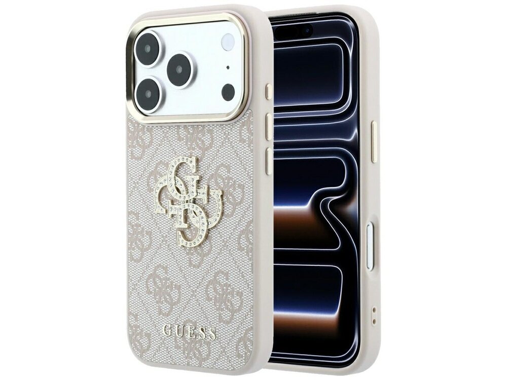 Etui na telefon z wzorem 4G i dużym logo Guess, w kolorze różowym, przeznaczone do Apple iPhone 17 Pro Max/18 Pro Max. Na etui widoczne jest logo GUESS oraz ozdobne elementy w postaci dużych liter G i D.