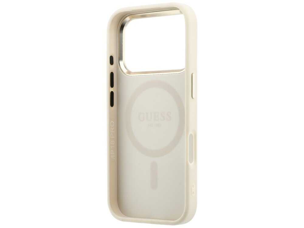Beżowe etui na telefon z dużym otworem na aparat i logo GUESS na środku. Wewnątrz widoczny jest okrągły wzór MagSafe.
