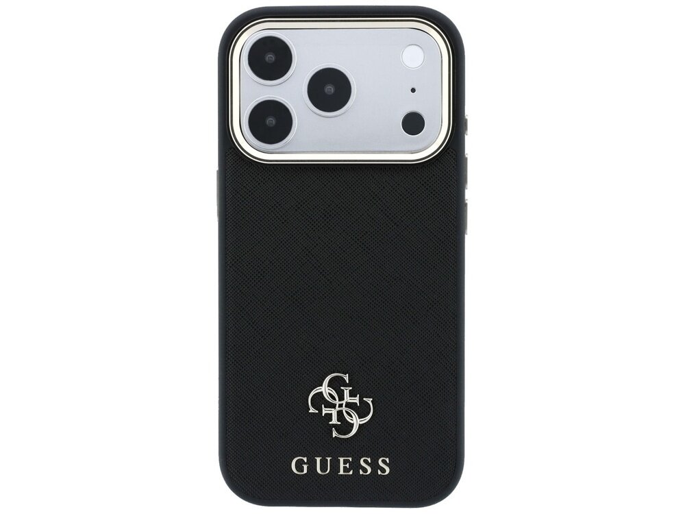 Czarne etui na telefon z trzema dużymi otworami na aparaty i logo GUESS w dolnej części. Powierzchnia etui ma teksturę przypominającą skórę saffiano.