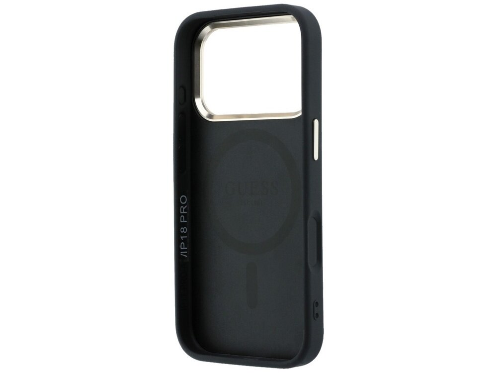 Czarne etui na telefon z dużym wycięciem na aparat i napisem \'GUESS\' wewnątrz. Widoczny jest również napis \'/IP-18 PRO\'.