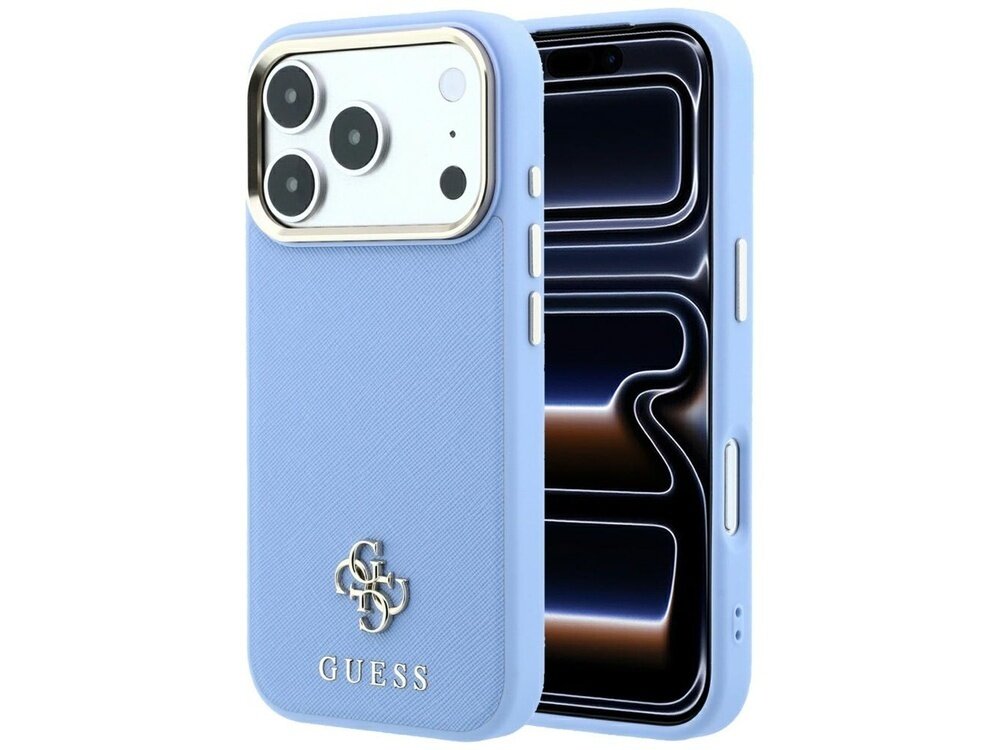 Niebieskie etui na telefon z logo GUESS i wzorem 4G na tylnej części. Etui posiada wycięcia na aparat i przyciski boczne.