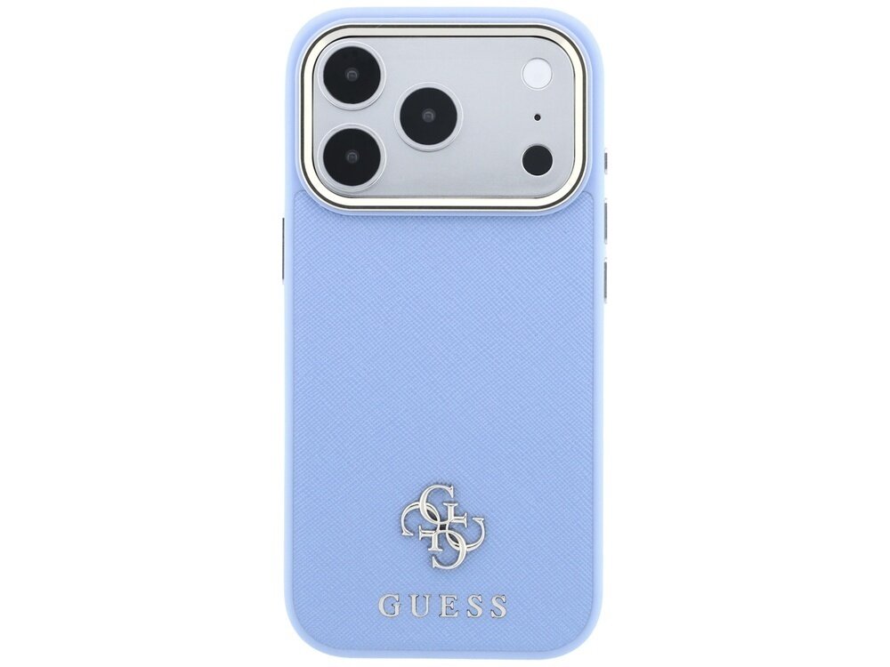 Niebieskie etui na telefon z trzema dużymi otworami na aparaty i logo GUESS na dole. Etui ma teksturę przypominającą skórę saffiano.