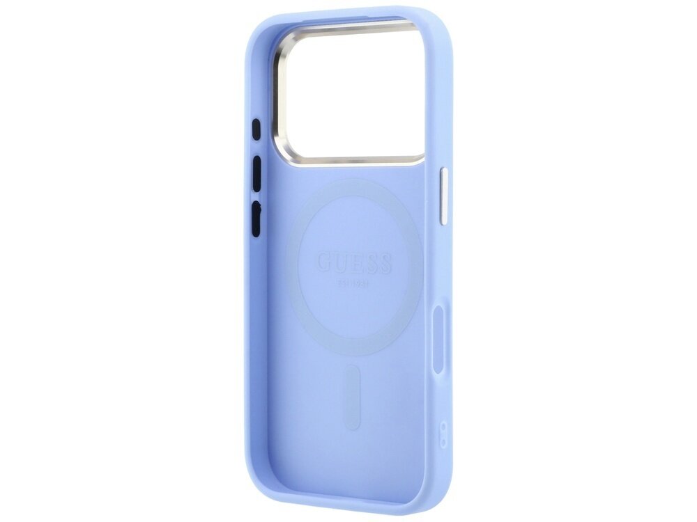 Niebieskie etui na telefon z dużym otworem na aparat i napisem \'GUESS\' wewnątrz. Etui posiada okrągły wzór sugerujący kompatybilność z MagSafe.
