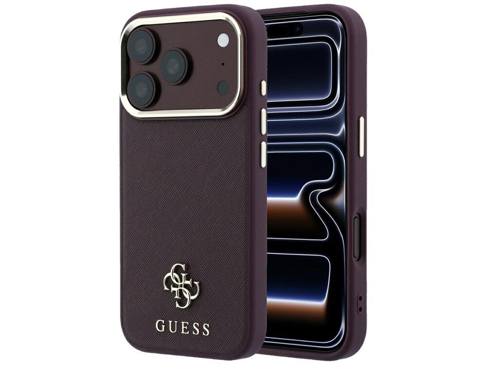 Burgundowe etui na telefon z logo GUESS i wzorem 4G na tylnej części. Etui posiada wycięcia na aparat i przyciski boczne.