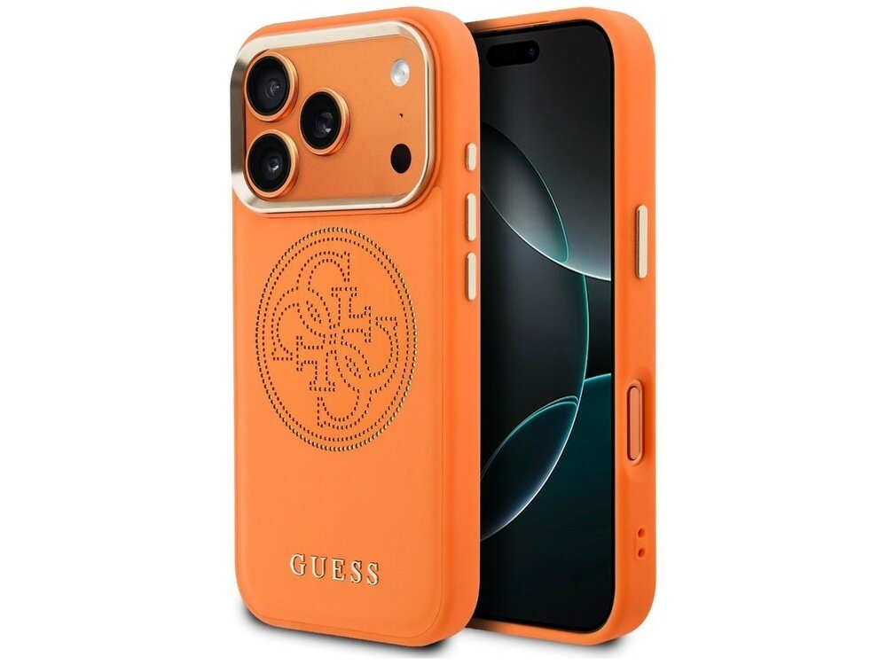 Pomarańczowe etui na telefon z perforowanym wzorem 4G i napisem GUESS. Etui posiada wycięcia na aparat i przyciski boczne.