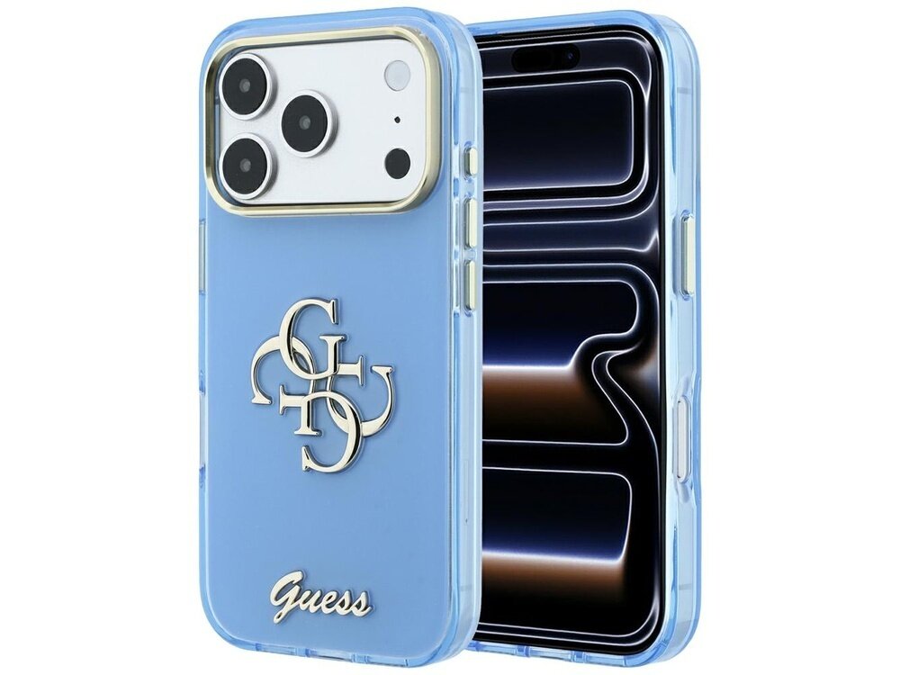 Jasnoniebieskie etui na telefon z metalowym logo \'Guess\' oraz ozdobnym wzorem z literami \'G\'.
