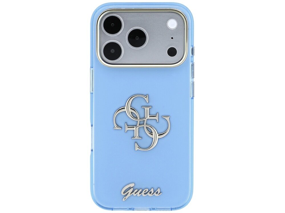 Jasnoniebieskie etui na telefon z metalowym logo Guess i ozdobnym wzorem. Widoczne są wycięcia na aparat i przyciski.