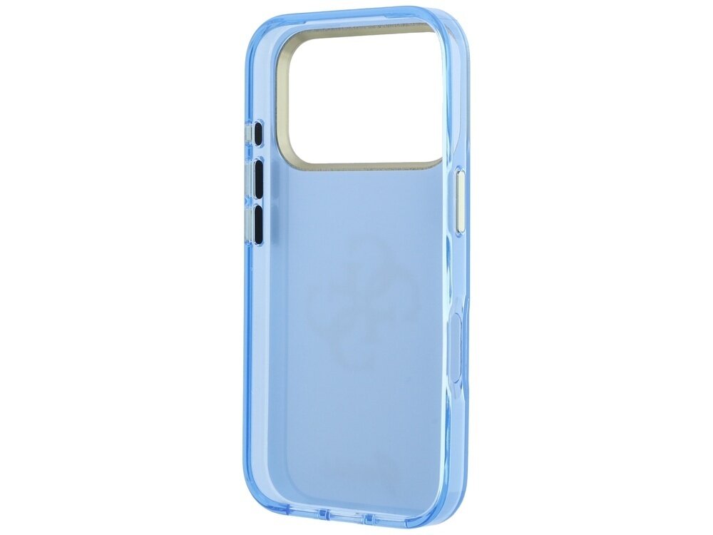 Jasnoniebieskie etui na telefon z dużym wycięciem na aparat i przyciskami po bokach. Na tylnej części widoczny jest delikatny wzór.