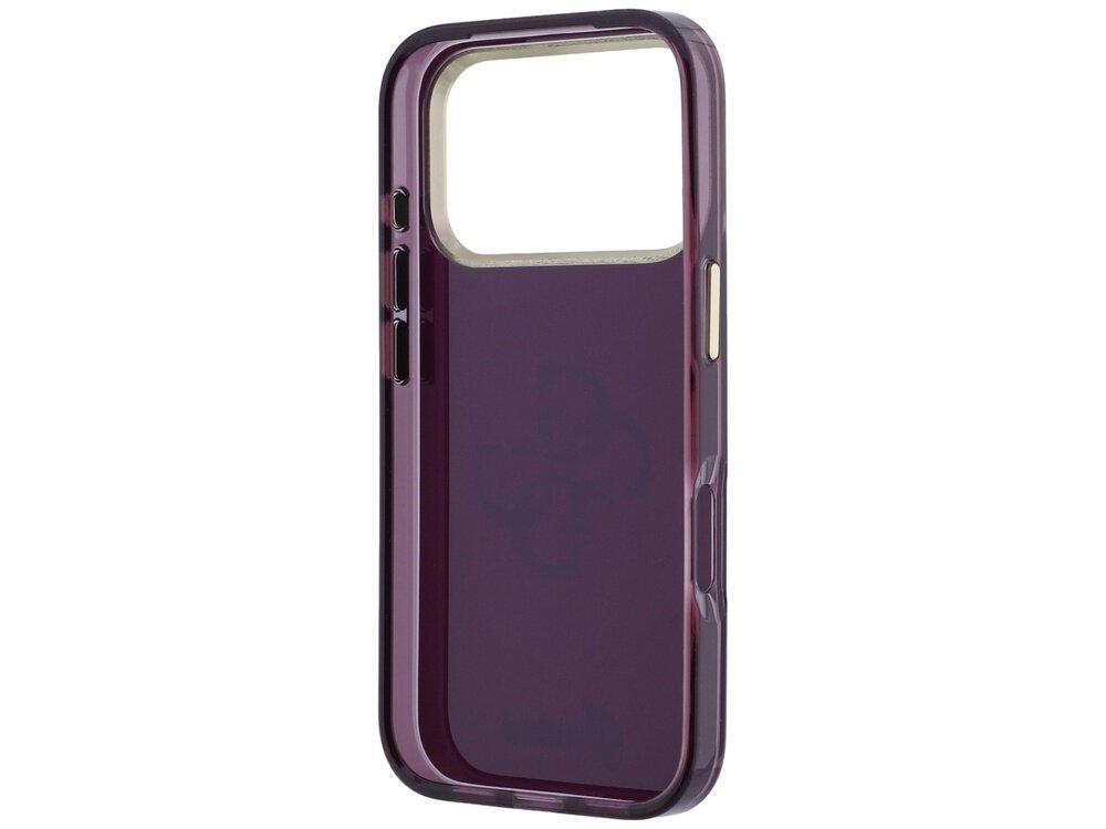 Burgundowe etui na telefon z dużym wycięciem na aparat i przyciskami po bokach. Na powierzchni widoczny jest subtelny wzór oraz napis \'Guess\'.