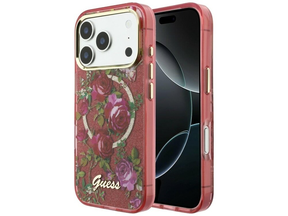 Etui na telefon w kolorze burgundowym z motywem róż i logo \'Guess\'.