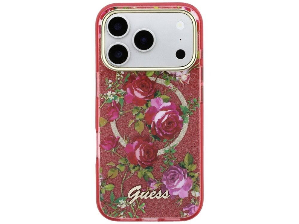 Etui na telefon z motywem róż na czerwonym tle, z widocznym logo \'Guess\'.