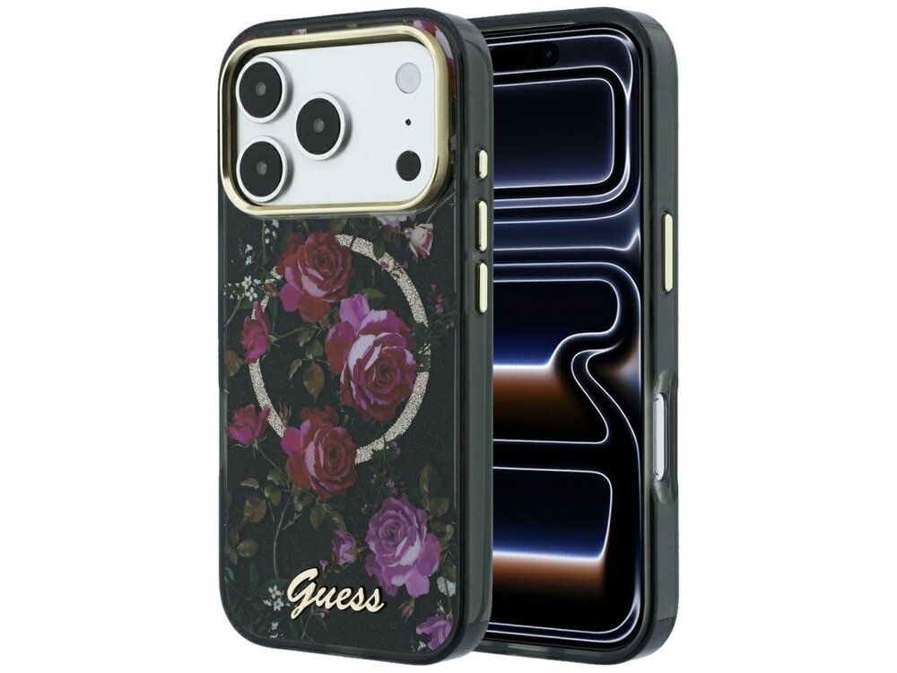 Etui na telefon z motywem róż i napisem \'Guess\' na dole. Obok widoczny jest telefon z wyświetlaczem pokazującym abstrakcyjny wzór.