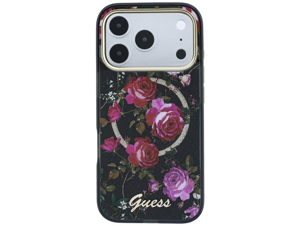 Etui na telefon z czarnym tłem ozdobione różowymi i czerwonymi różami oraz złotym napisem \'Guess\'.