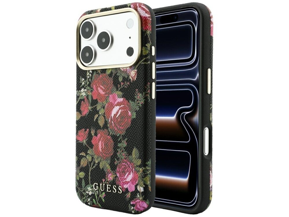 Etui na telefon z motywem róż na czarnym tle, z widocznym logo \'GUESS\'.