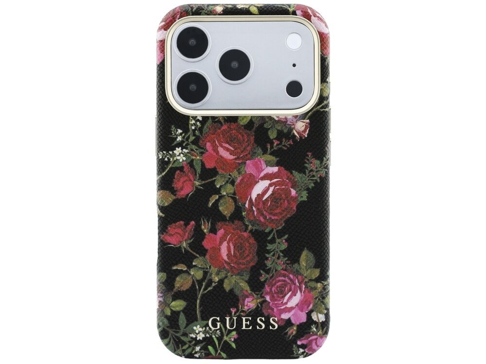 Etui na telefon z czarnym tłem ozdobione wzorem róż w różnych odcieniach czerwieni i różu. Na dole widoczny jest napis \'GUESS\'.