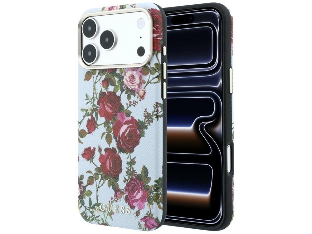 Etui na telefon z motywem róż na niebieskim tle, z widocznym logo \'GUESS\'.