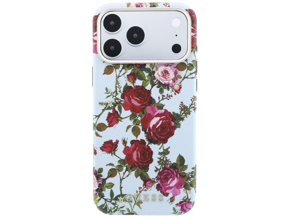 Etui na telefon z nadrukiem róż na jasnym tle, z widocznym logo GUESS na dole. Aparat telefonu ma trzy obiektywy i lampę błyskową.