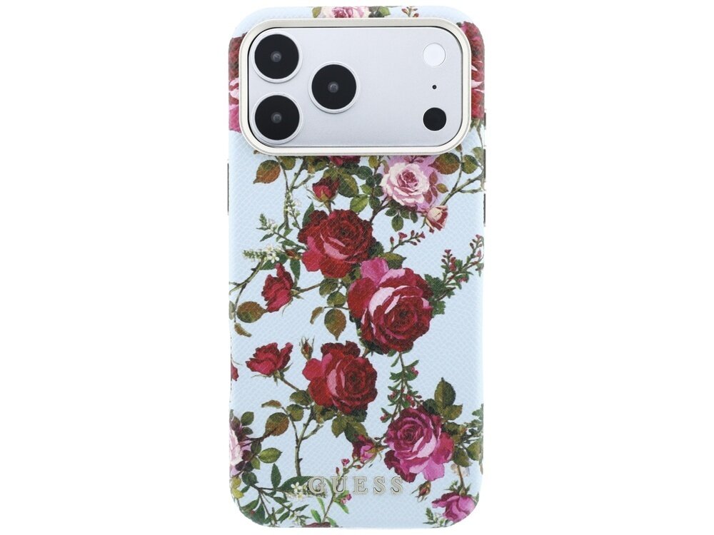 Etui na telefon z nadrukiem róż na jasnym tle, z widocznym logo \'GUESS\' na dole. W górnej części etui znajduje się wycięcie na aparat z trzema obiektywami.