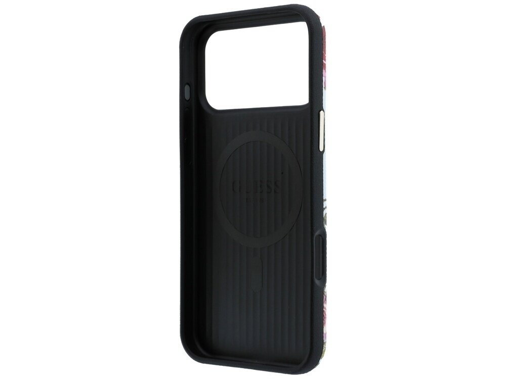 Etui na telefon z czarnym wnętrzem i logo \'GUESS\' widocznym na środku. Boki etui mają wzór z motywem kwiatowym.
