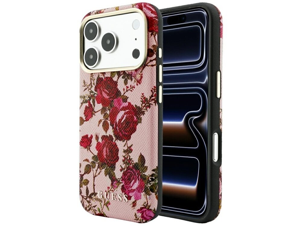 Etui na telefon z różowym wzorem kwiatów i napisem \'GUESS\'. Widoczny jest telefon z trzema aparatami i ekranem z abstrakcyjnym wzorem.