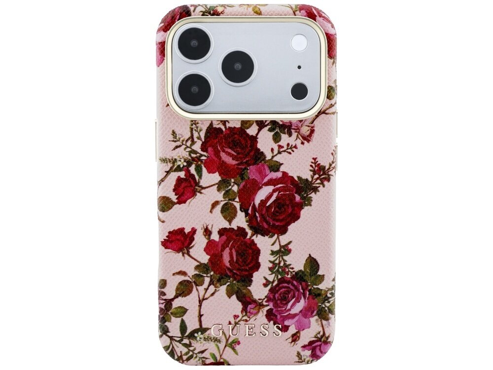 Etui na telefon z różowym tłem ozdobione wzorem czerwonych róż i zielonych liści. Na dole widoczne jest logo GUESS.