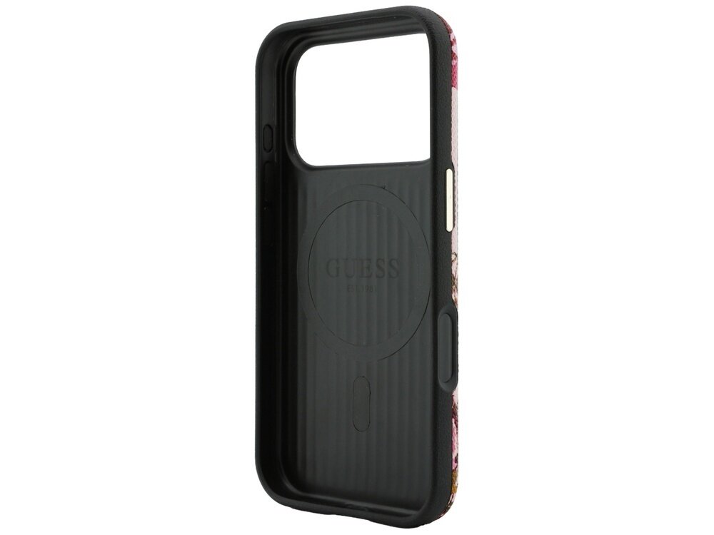 Etui na telefon z czarnym wnętrzem i widocznym logo \'GUESS\' oraz wzorem kwiatowym na zewnętrznej stronie. Etui jest przeznaczone do urządzeń z funkcją MagSafe.