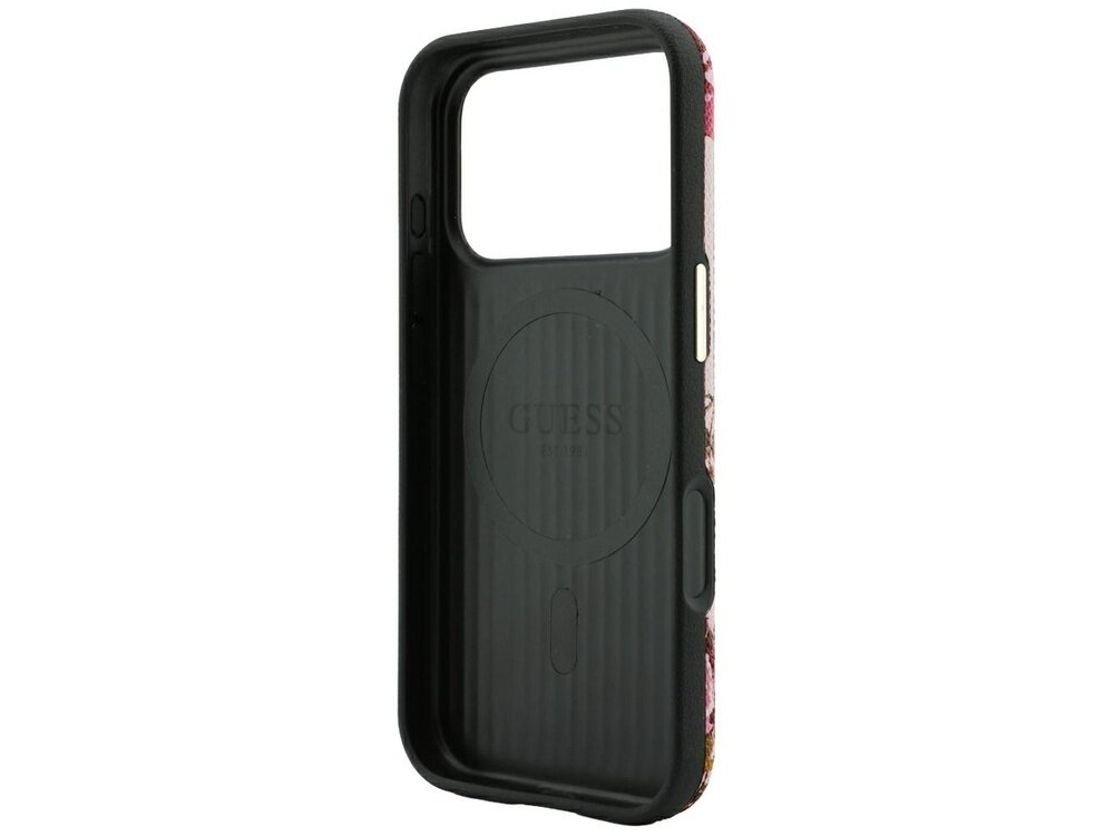 Etui na telefon z czarnym wnętrzem i widocznym logo \'GUESS\' oraz różowym wzorem kwiatowym na zewnętrznej stronie. Etui jest przeznaczone do modeli Apple iPhone 17 Pro Max/18 Pro Max i posiada funkcję MagSafe.