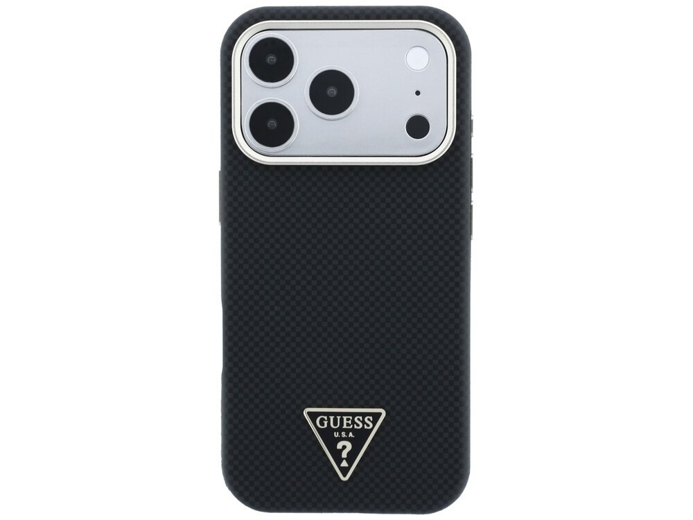 Czarne etui na telefon z teksturą, posiadające wycięcia na trzy obiektywy aparatu i logo GUESS U.S.A. w kształcie trójkąta na dole.