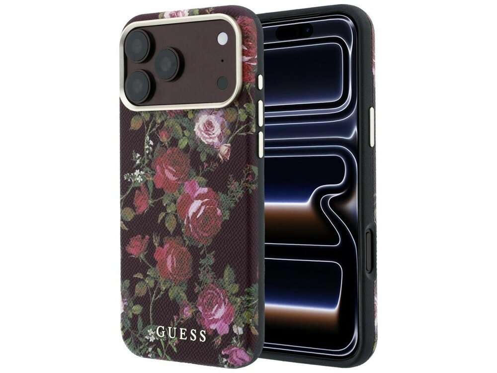 Etui na telefon z motywem kwiatowym w odcieniach burgundu, z widocznym logo \'GUESS\'.