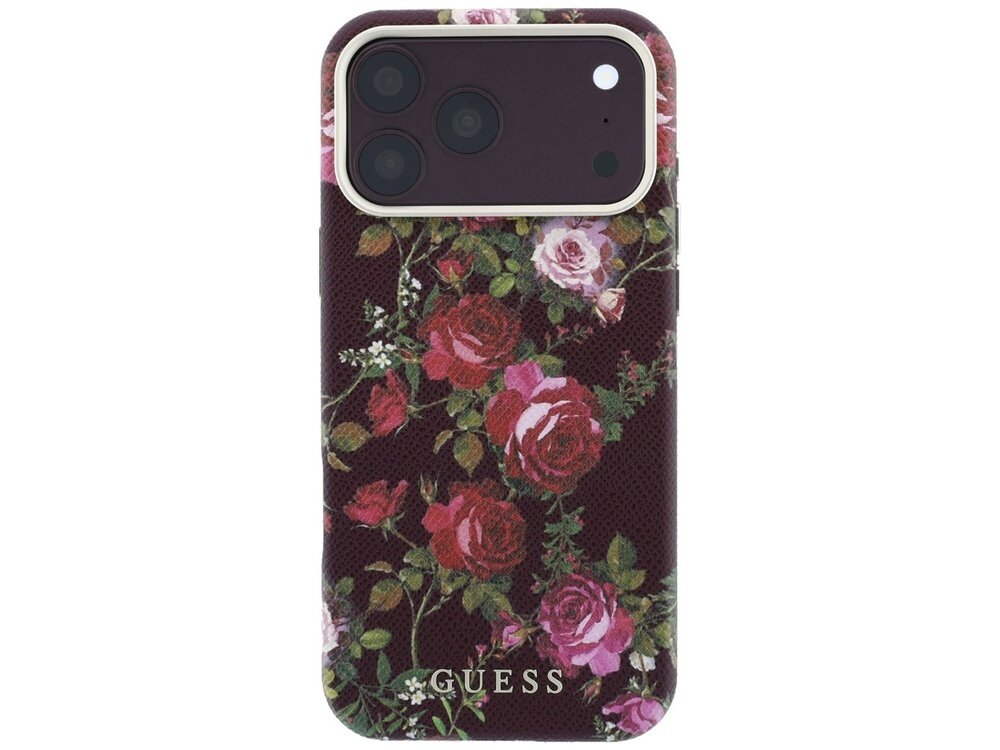 Etui na telefon z motywem róż w kolorze burgundowym, z widocznym logo \'GUESS\' na dole.