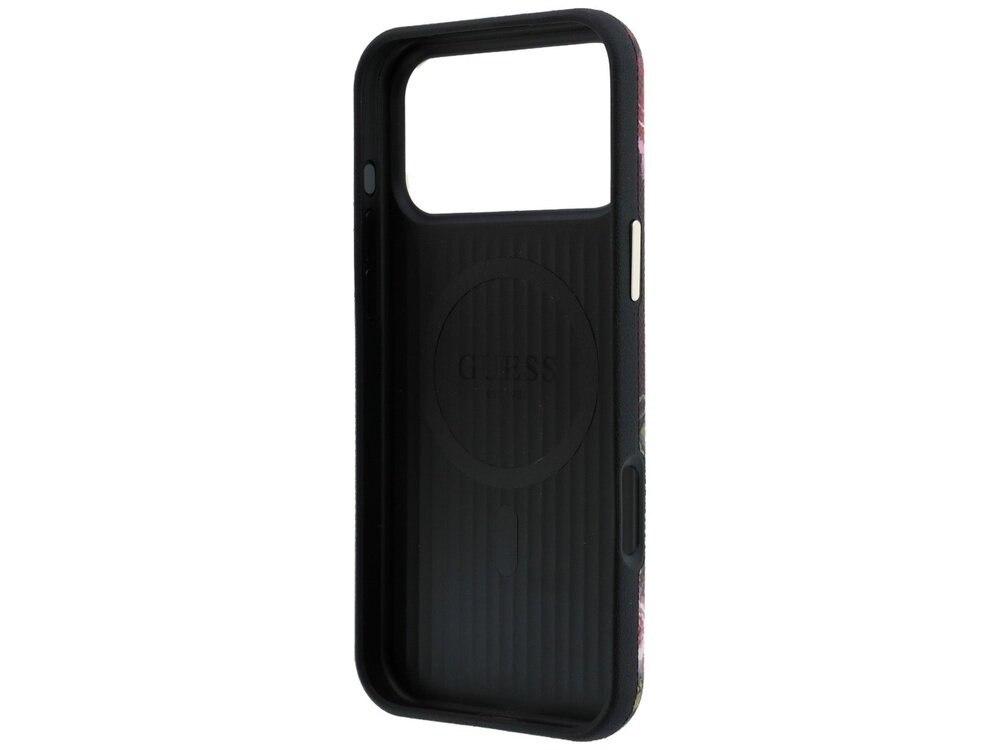 Etui na telefon w kolorze burgundowym z widocznym logo \'GUESS\' wewnątrz. Posiada wycięcia na przyciski i aparat.