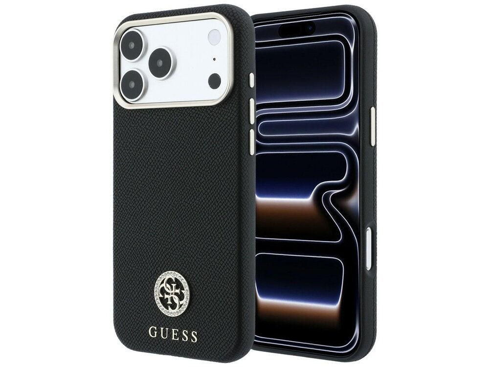 Czarne etui na telefon z teksturą, ozdobione okrągłym logo GUESS z błyszczącymi elementami. Widoczny napis \'GUESS\' na dole etui.