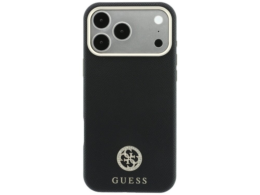 Czarne etui na telefon z trzema wycięciami na aparaty i logo GUESS na dole. Na etui widoczny jest okrągły emblemat z literami GS.