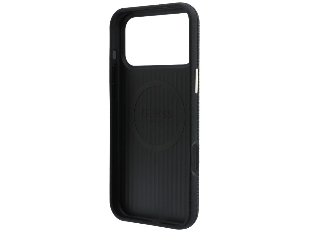 Czarne etui na telefon z dużym otworem na aparat i logo \'GUESS\' w centralnej części wnętrza. Etui ma teksturowaną powierzchnię wewnętrzną i wycięcia na przyciski boczne.