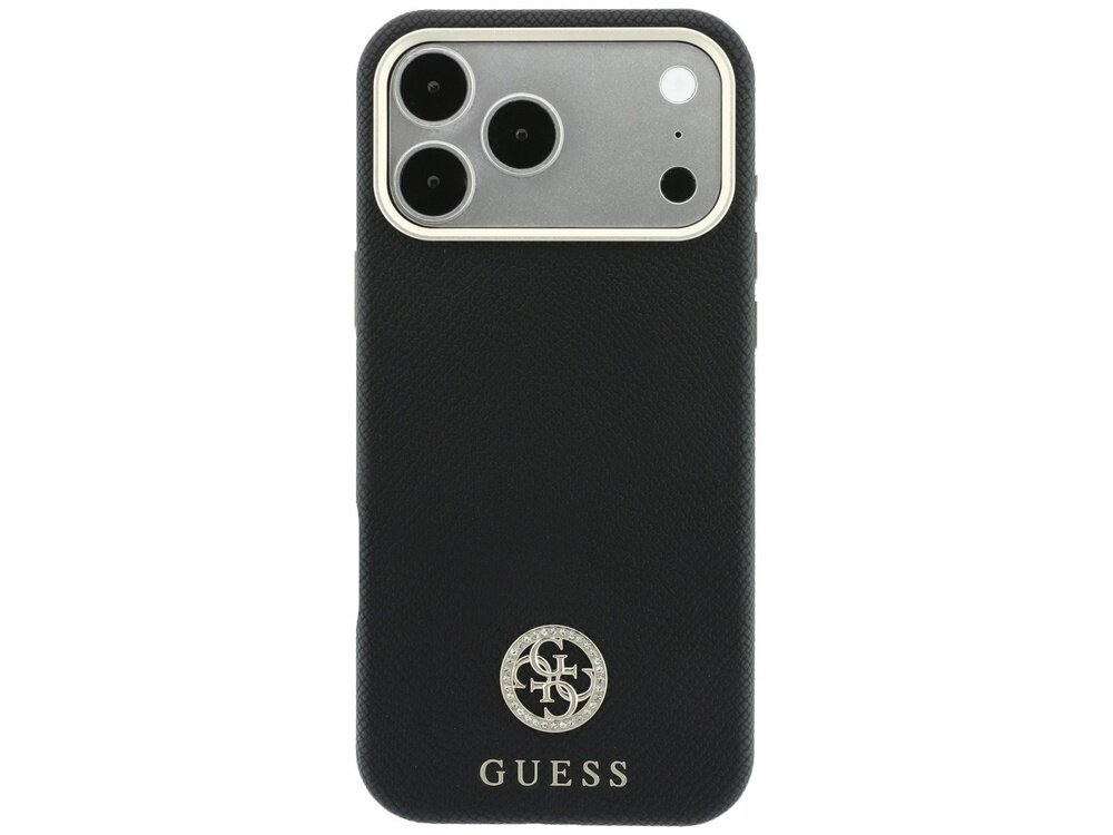 Czarne etui na telefon z trzema wycięciami na aparaty i logo GUESS w dolnej części. Na etui widoczny jest okrągły emblemat z literami GS.