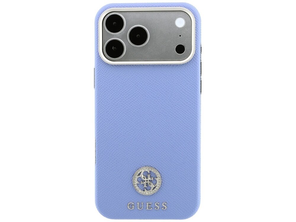 Niebieskie etui na telefon z trzema otworami na aparaty i logo GUESS na dole. Na środku znajduje się okrągłe logo z literami GS.