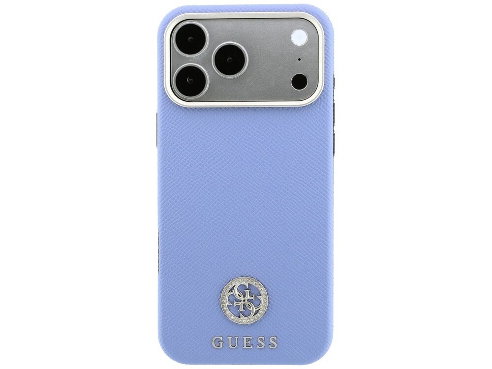 Niebieskie etui na telefon z trzema wycięciami na aparaty i logo GUESS na dole. Na środku znajduje się okrągłe logo z literami GS.