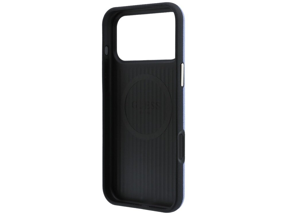 Etui na telefon w kolorze niebieskim z czarnym wnętrzem, posiada wycięcia na aparat i przyciski. Na wewnętrznej stronie widoczne jest logo \'GUESS\'.