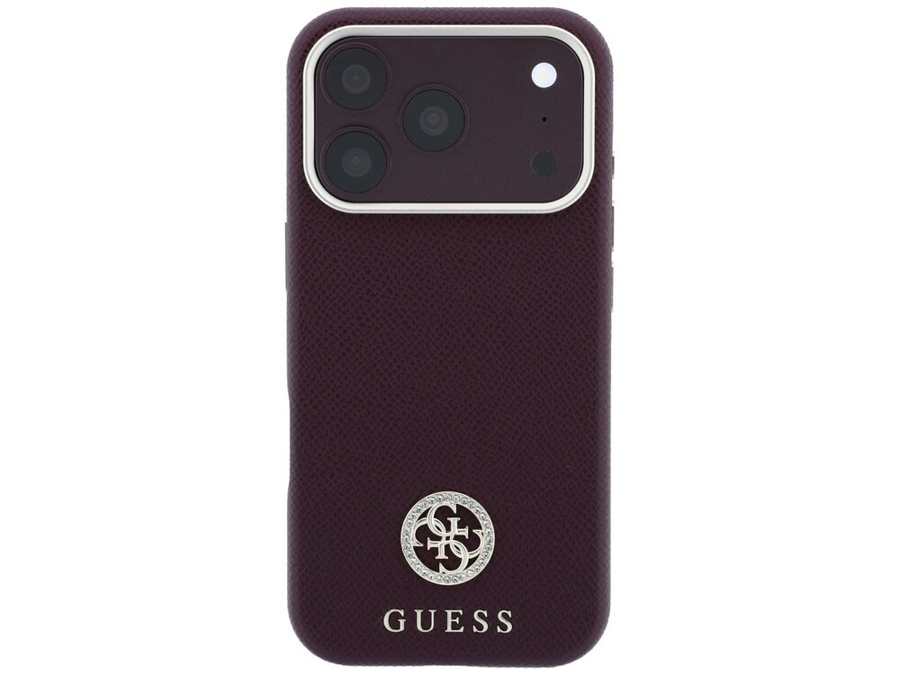 Burgundowe etui na telefon z trzema widocznymi obiektywami aparatu i logo GUESS na dole. Na środku znajduje się ozdobne logo w kształcie okręgu.