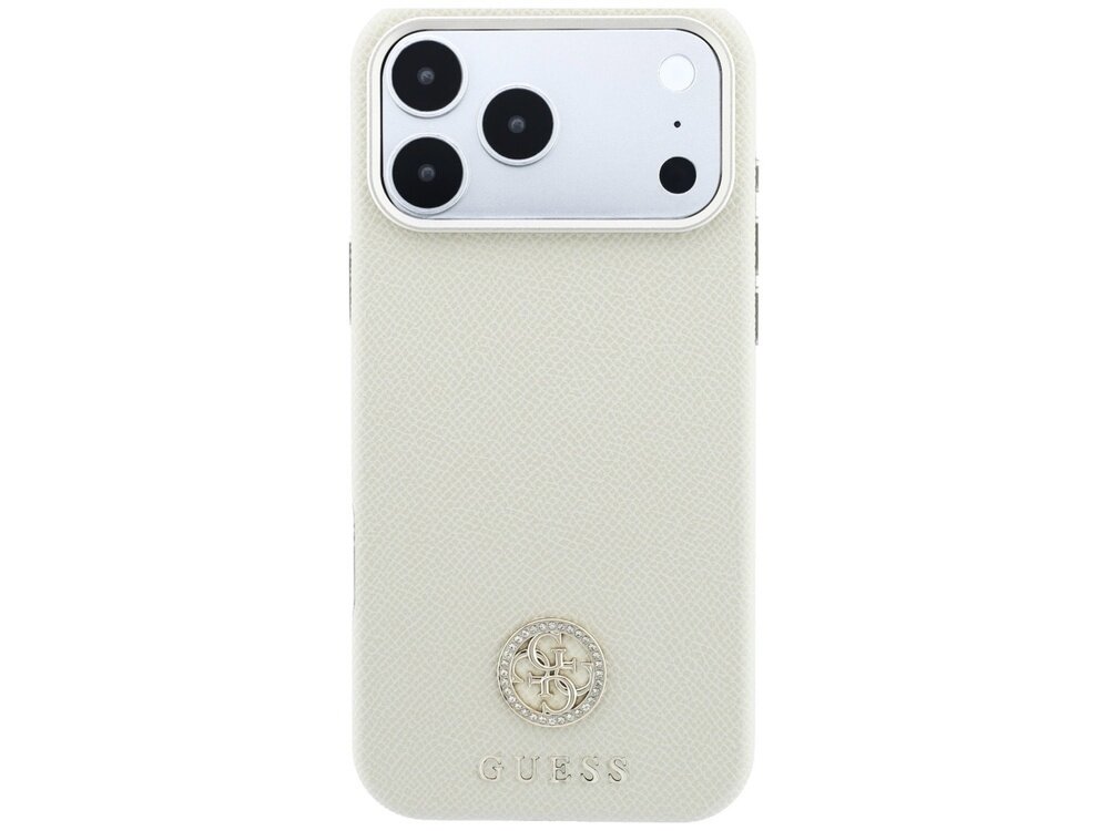 Beżowe etui na telefon z trzema dużymi otworami na aparaty fotograficzne oraz logo GUESS w dolnej części. Na środku znajduje się okrągłe logo z literami GS.
