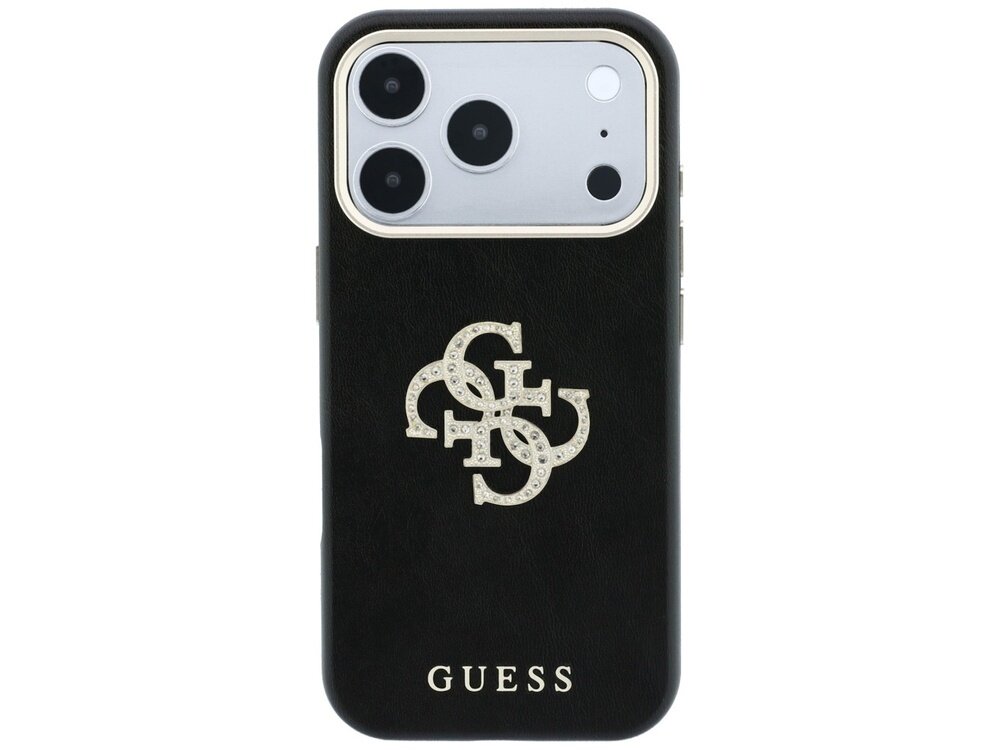 Czarne etui na telefon z logo GUESS w dolnej części oraz ozdobnym wzorem z liter na środku. Etui posiada wycięcia na aparat i przyciski.