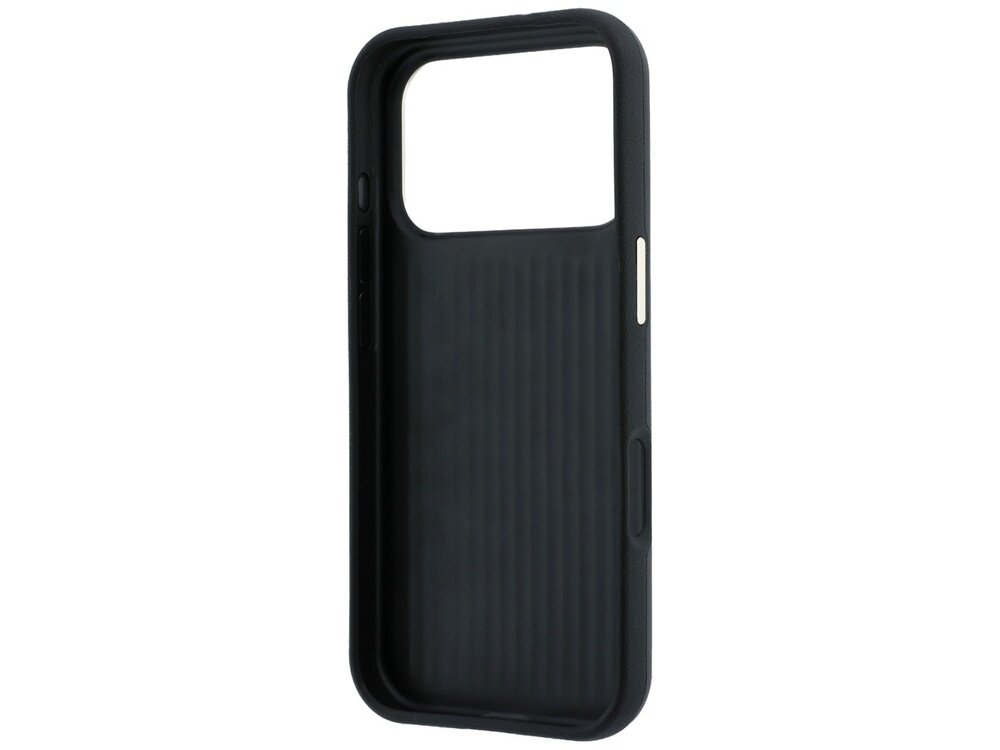 Czarne etui na telefon z dużym otworem na aparat i przyciskami bocznymi. Wnętrze etui ma delikatne, pionowe żłobienia.