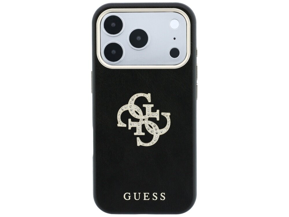 Czarne etui na telefon z logo GUESS w dolnej części oraz ozdobnym wzorem z liter na środku. Etui posiada wycięcia na aparat i przyciski.