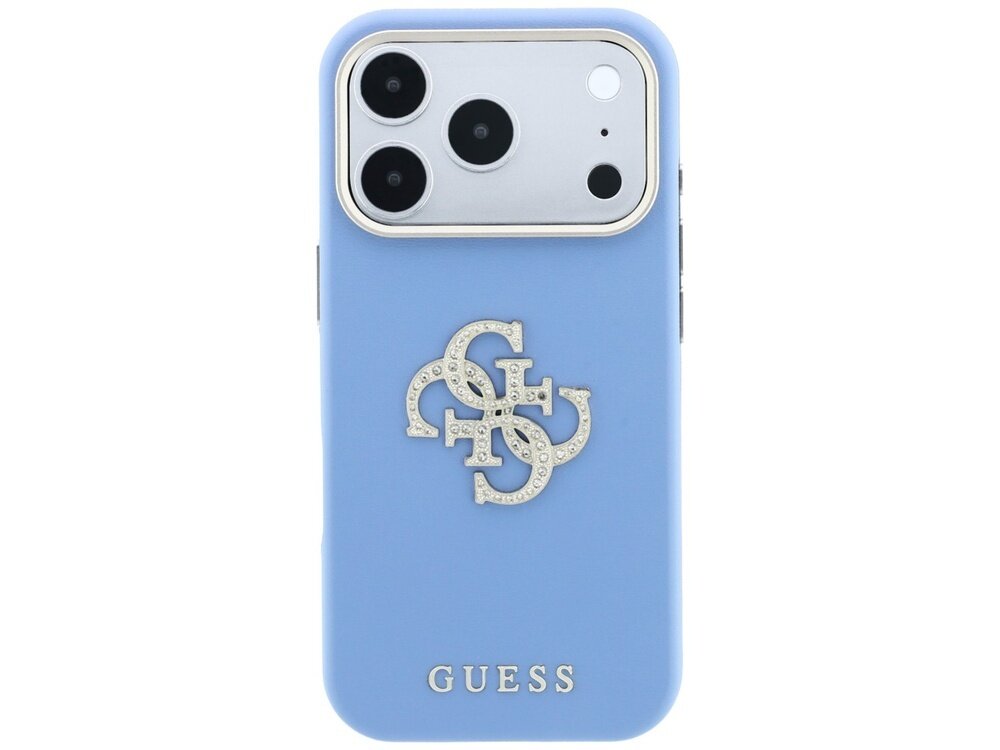 Niebieskie etui na telefon z trzema dużymi otworami na aparaty i jednym mniejszym. Na etui widoczne jest logo GUESS oraz ozdobny emblemat z literami G i S.