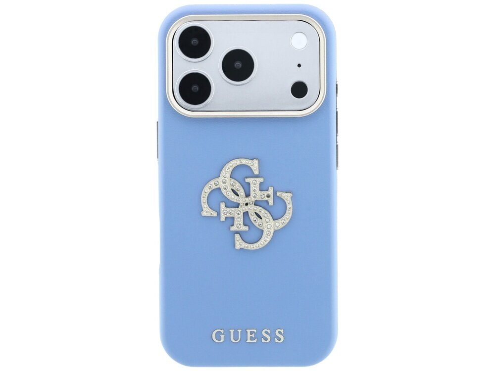Niebieskie etui na telefon z trzema dużymi otworami na aparaty i jednym mniejszym. Na etui widoczne jest logo GUESS oraz ozdobny emblemat z literami G i S.